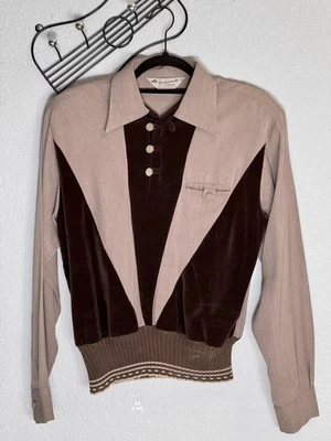 Camisa vintage 1950 Westward-Ho marrom goucho, rayon gabardine veludo dois tons - Imagem 1 de 4