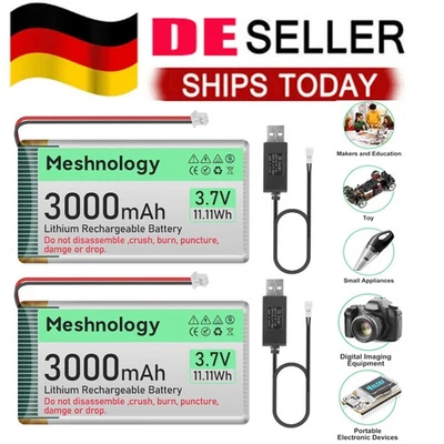2x 3,7 V 3000 mAh LiPo-Akku wiederaufladbar Lithium-Polymer-Akku mit USB-Ladekab - Bild 1 von 4
