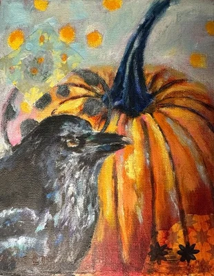 Pintura de cuervo arte original único en su clase calabaza otoño 8x10 expresionismo arte de aves Foto 1 de 4