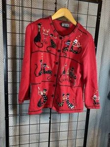 Berek Black Cat Couples Celebrate Red Cardigan Sweater Button Front Sz M Beaded - Picture 1 of 6