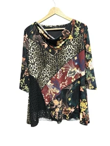 Caleesa Top Mixed Print Art to Wear Size Large Womens Blouse 3/4 Sleeves Cowl - Picture 1 of 8