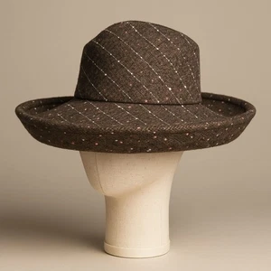 Vintage ML Studio Womens Tweed Brown Wide Brim Hat W/ Speckled Pattern - Picture 1 of 9