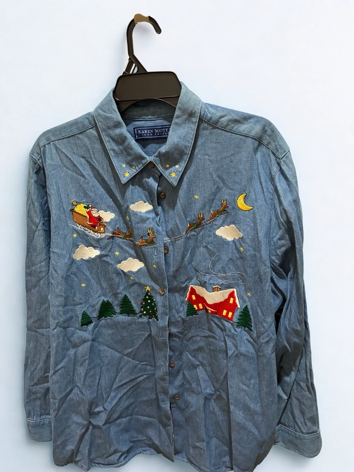 Vintage KAREN SCOTT Denim Christmas Button Up Shirt Size L Embroidered Cotton  - Image 1 of 1