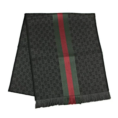 VENTA GUCCI Bufanda GG Patrón Correas Línea Lana Seda Flecos Gris Oscuro NUEVO - Imagen 1 de 4