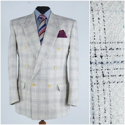 White Silk Double Breasted Mens Blazer 44R UK Size Check Sport Coat Jacket - Image 1 of 4