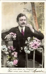  Vintage French RPPC Postcard Handsome Man Moustache Flowers Show my Love - Picture 1 of 3