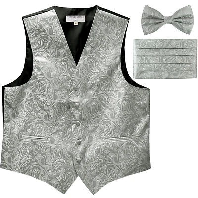 New Men's Paisley Tuxedo Vest Waistcoat & Cummerbund & Bow tie Wedding silver - Image 1 of 4