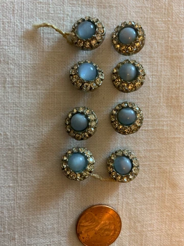 8 Rare antique 1920's French Rhinestone Blue Cat Eyes 12mm Buttons Lot Free Ship Cover