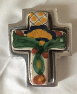Hand Painted Clay & Metal Wall Cross 3 1/2 inches - Picture 1 of 6