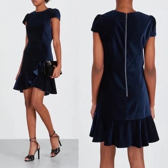 NEW Alice + Olivia Women’s Size 8 Enid Navy Blue Ruffle Trimmed Dress - Image 1 of 4