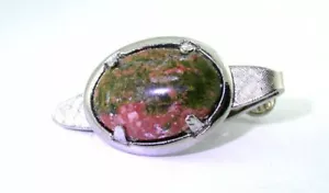 1 1/3 INCH 18x13 OVAL UNAKITE QUARTZ GEMSTONE SILVER COLOR CLIP ON TIE BAR - Picture 1 of 2