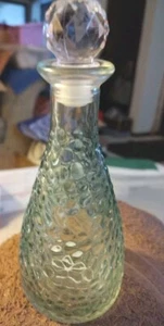 Pebbled Green Glass 7 Inch Decanter With Clear Glass Faceted Stopper - Picture 1 of 10