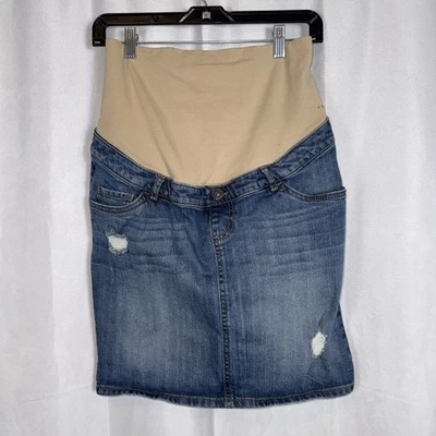 Indigo Blue Maternity Skirt Small Blue Mini High Full Panel Raw Hem Denim Pregna - Image 1 of 4