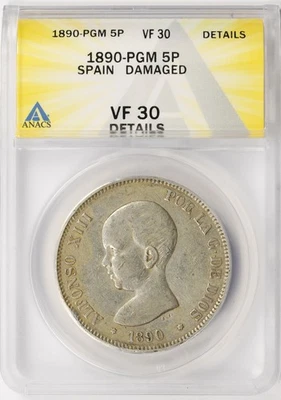 1890-PGM Spain Silver 5 Pesetas ANACS VF30 Details Damaged - Image 1 of 4
