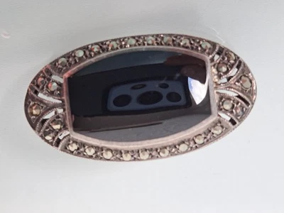 Bella Vecchia Spilla, 925 Argento Con Onice E Marcasite - Immagine 1 di 4