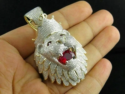 3Ct Red Ruby Lab Created Diamond Men's Lion King Pendant 14k Yellow Gold Plated - Image 1 of 4