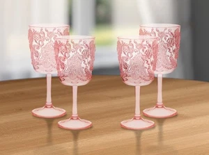 Set of Four Pink Paisley Acrylic Stemmed All Purpose Wine Glass - Picture 1 of 8