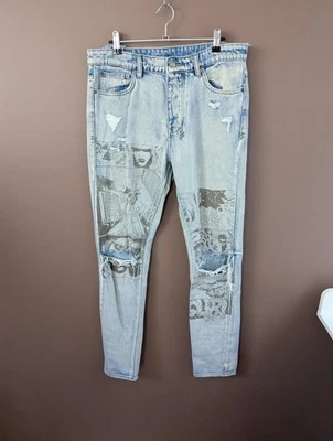 Ksubi Jeans Mens 33 Light Wash Comic Graphic Distressed Skinny Denim Pants - image 1 of 4