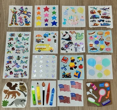 Vintage Sandylion Sticker 16 Mod Lot Fuzzy Foil Stars Bugs Owl Raccoon Dragon - Image 1 of 4
