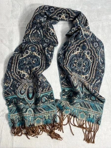 V. FRAAS Paisley Scarf Blue Teal Beige Fringe Made in Germany 100% Acrylic - Picture 1 of 5