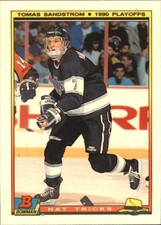 1990-91 (KINGS) Bowman Hat Tricks Tiffany #21 Tomas Sandstrom