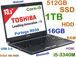 TOSHIBA Portege R930 i5-3320M 13.3 512GB SSD + 1TB 16GB USB 3.0 Webcam HDMI BT - Picture 1 of 10