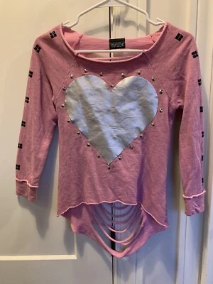 XTRA SUGAR Girls Large Vintage Frayed Studded Heart Pink Long Sleeve Sweatshirt - Image 1 of 4