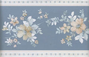 COUNTRY BLUE AND WHITE SILK FLORAL WALLPAPER BORDER - Picture 1 of 1