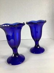 Set of 2~ Cobalt Blue Tulip Libbey® Glass 6” Ice Cream Sundae Dishes - Picture 1 of 11