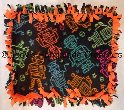 HANDMADE BABY / PET MINI FLEECE TIED SECURITY BLANKET - ROBOTS / ORANGE 13 X 16 - Image 1 of 2