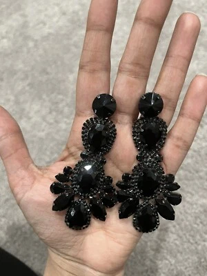 Black Earrings Large Big Jet Pierced Rhinestone Chandelier Crystal Pageant - Image 1 of 4