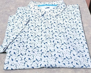 REV.3-Blue/Wht Pique Poly/Spdx, Mens SS, Full Bttn Floral Print Sport Shirt-(XL) - Picture 1 of 6