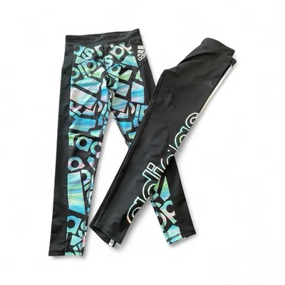 Adidas Girls Small 7/8 Aeroready Leggings 2 Pack Logo Colorblock Athletic Gym PE - Image 1 of 4