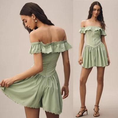 Nuevo con etiquetas Mameluco Anthropologie Mare Fuera del Hombro Plisado Volantes Encaje Mediano Foto 1 de 4