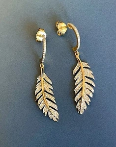 Ohrringe 9 kt Gelbgold Diamant 0,50 kt Feder Blatt Tropfen Hänger Cocktail Ohrstecker - Bild 1 von 12