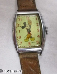 ANTIQUE US TIME WDP DISNEY MICKEY MOUSE GLOVES BARREL 9740 CHARACTER WATCH - Picture 1 of 13