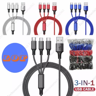Lot 3A USB Fast Charging Cable 3in 1 Charger Cord 4ft For iPhone USB-C Micro USB - Image 1 of 4