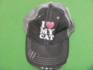 KATYDID I Love My Cat Hat Adjustable Strap Back Distressed Mesh Baseball Hat/Cat - Picture 1 of 4