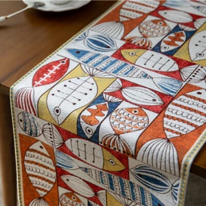 Fish Printing Tassel Table Runner Tablecloth Cover Chenille Retro Jacquard - Picture 1 of 11