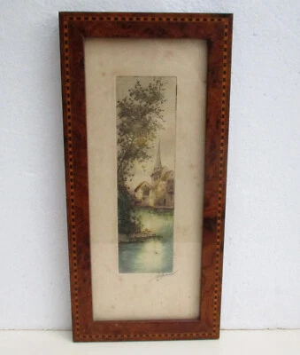 Cadre ancien en marqueterie de bois et loupe - Photo 1/4