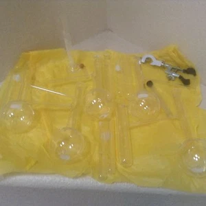 Lot of 5 Pyrex Round Bottom Boiling Flask with Sidearm & Test Tubes, Clamp EUC - Picture 1 of 6