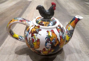 PAUL CARDEW Roosters Rooster Top Patterned Mini  Personal Teapot 5" Tall 2007 - Picture 1 of 16