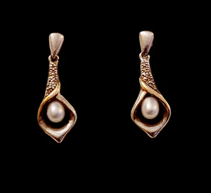 14k Gold Sterling Silver 1/20ct Diamond Oval Cultured Pearl Lily Drop Earrings - Picture 1 of 8