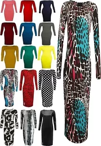 Women Ladies Long Sleeve Plain Printed Bodycon Stretchy Midi Dress Plus Size - Picture 1 of 25
