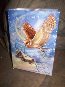 TRADITIONELLE ENGLISCHE WEIHNACHTSKARTE YULETIDE MISTELZWEIG EULE NEW AGE - Bild 1 von 1