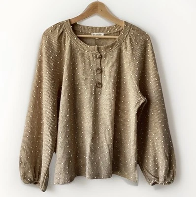 Blu Pepper Knit Sweater Large Textured Swiss Dot Tan 3-Button Anthropologie Top - Image 1 of 4
