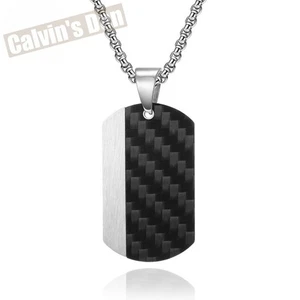 Carbon Fiber Brushed Silver Tone Stainless Steel Inlay Dog Tag Pendant Necklace - Picture 1 of 7
