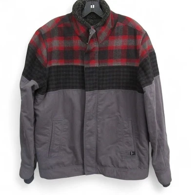 Prana Mens Jacket Heavy Coat M Gray Red Plaid Cotton Wool Fleece Trim Lined - Image 1 of 4