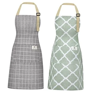 2 Pieces Aprons for Women with Pockets, Cotton Linen Waterproof Grey/Green - Picture 1 of 7