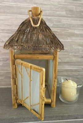 Boho De Colección 8" Metal Bambú-aspecto Pagoda Linterna con Vela Vidrio Paredes Puerta Manija Foto 1 de 4